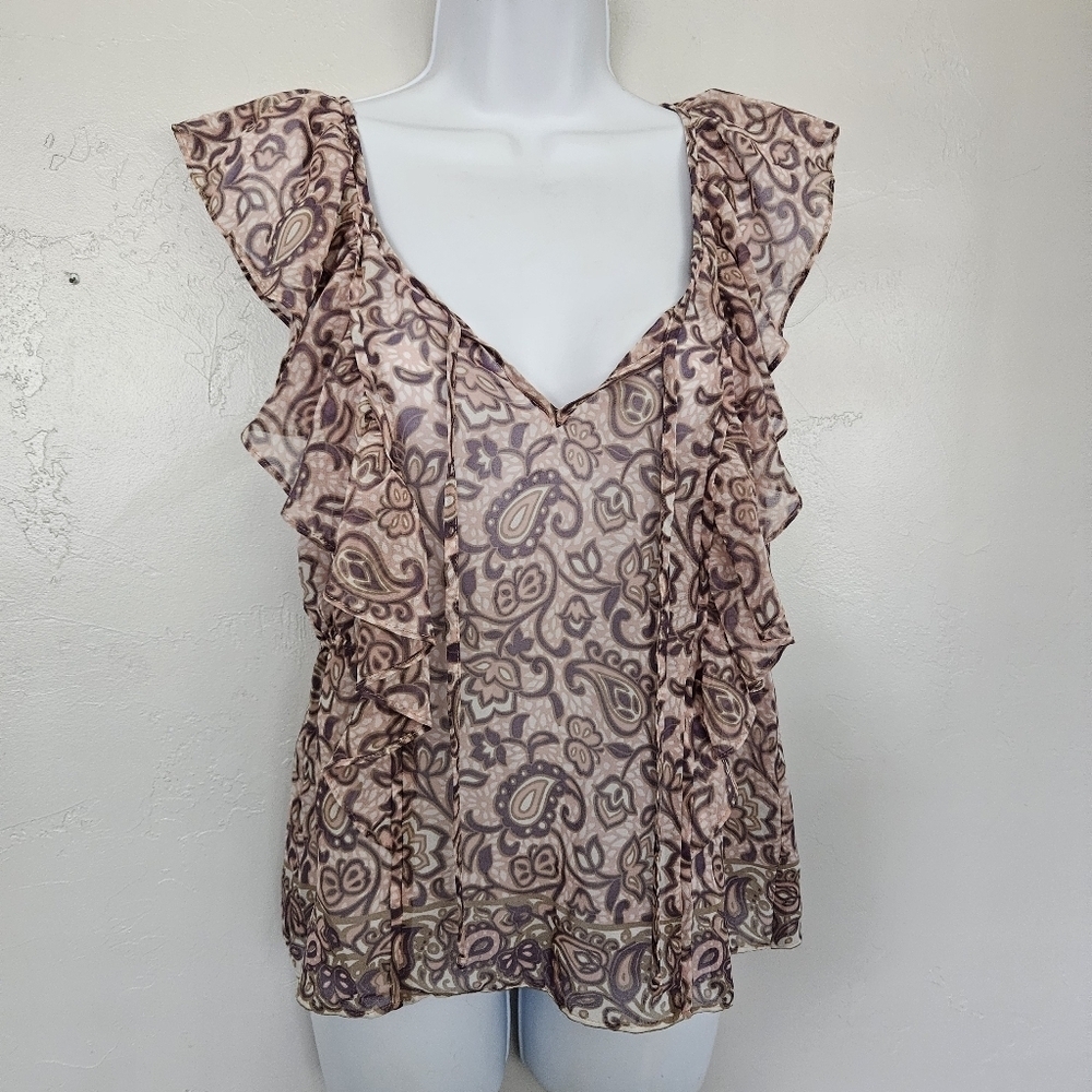 American Eagle Women's Small Pink Purple Taupe Paisley Chiffon Blouse Top Boho